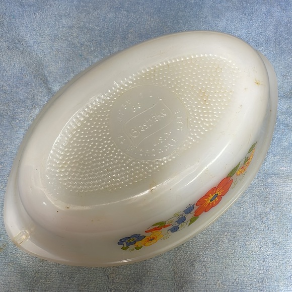 Jeanette Glasbake Orange Flower Bluebell oval Casserole J-235 1980 - Picture 3 of 7